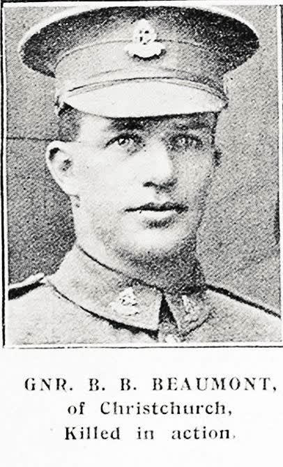 Gnr. B. B. Beaumont, of Christchurch, killed in action, 1918