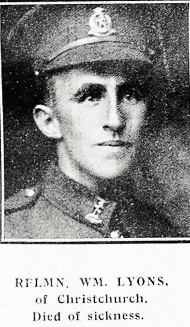 Rflmn. Wm. Lyons, of Christchurch, Died of sickness, 1918