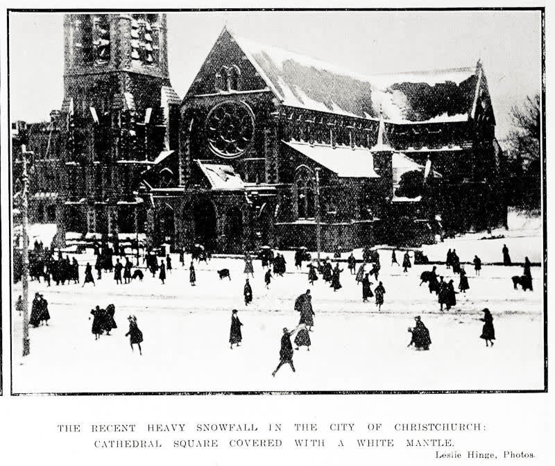 The recent heavy snowfall in the city of Christchurch: Cathedral Square covered with a white mantle, 1918