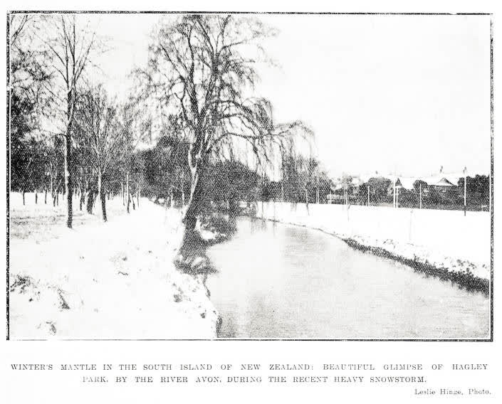 Winter's mantle in the South Island of New Zealand: beautiful glimpse of Hagley Park by the River Avon, during the recent heavy snowstorm, 1918
