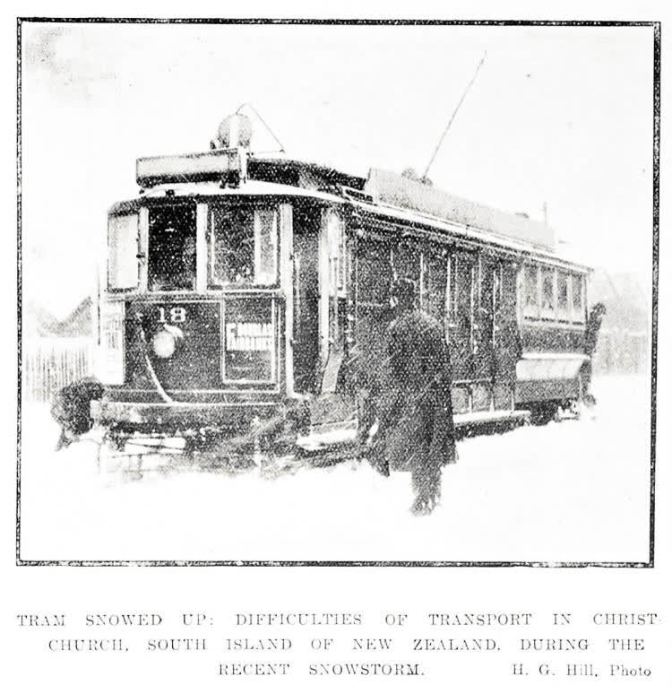 Tram snowed up: difficulties of transport in Christchurch, South Island of New Zealand, during the recent snowstorm, 1918