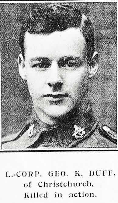 L.-Corp, Geo. K. Duff, of Christchurch, killed in action, 1918