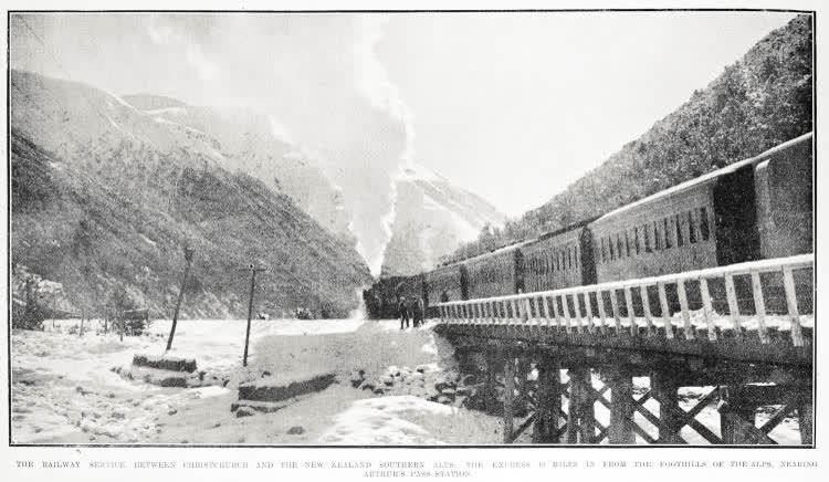 The railway service between Christchurch and the New Zealand Southern Alps: the express 40 miles in from the foothills of the Alps, nearing Arthur's Pass station, 1918