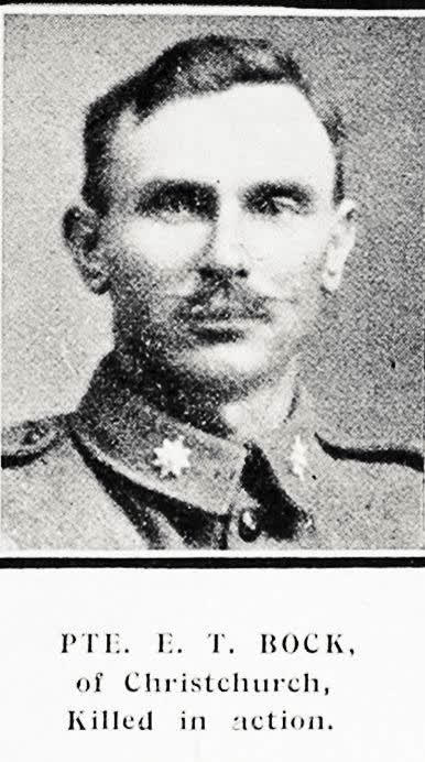Pte. E.T. Bock, of Christchurch, killed in action, 1918