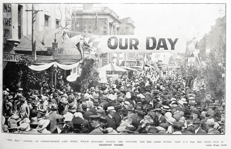 'Our day' appeal at Christchurch last week, which realised nearly £3000 towards the Red Cross funds: view of the Red Cross fair in Hereford Street.', 1918