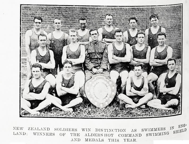 New Zealand soldiers win distinction as swimmers in England: winners of the Aldershot Command swimming shield and medals this year, 1918