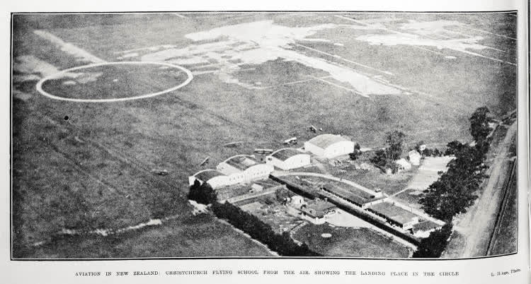Aviation in New Zealand: Christchurch Flying School from the air, showing the landing place in the circle, 1918