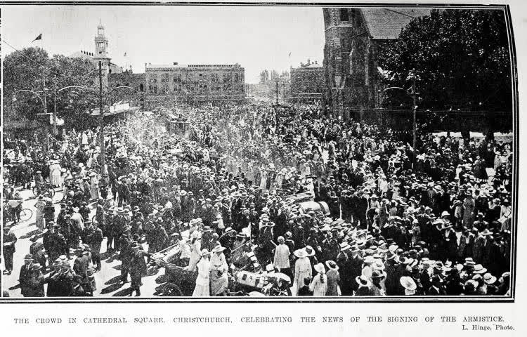 The crowd in Cathedral Square, Christchurch, celebrating the news of the signing of the Armistice, 1918