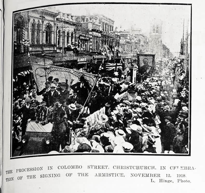 The procession in Colombo Street, Christchurch, in celebration of the signing of the Armistice, November 12, 1918, 1918