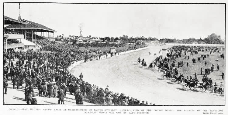 Metropolitan Trotting Club's races at Christchurch on Easter Saturday: general view of the course during the running of the Fendalton Handicap, which was won by Lady Superior, 1919