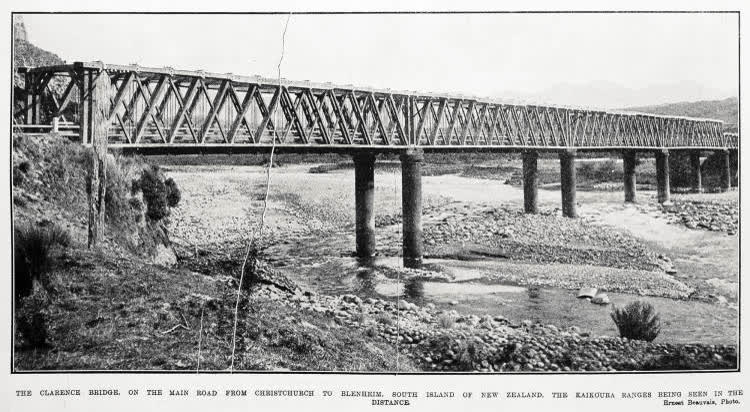 The Clarence Bridge, on the main road from Christchurch to Blenheim, South Island of New Zealand, the Kaikoura Ranges being seen in the distance, 1919