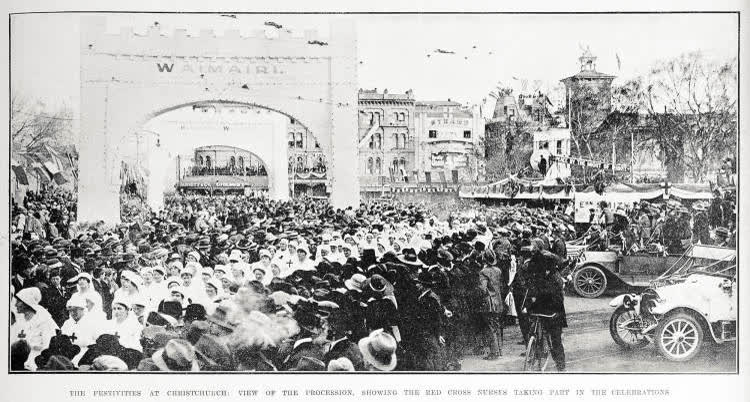 The festivities at Christchurch: view of the procession, showing the Red Cross nurses taking part in the celebrations, 1919