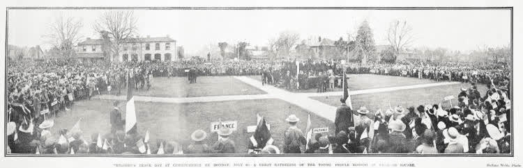 Children's peace day at Christchurch on Monday, July 21: a great gathering of the young people singing in Cramner Square, 1919