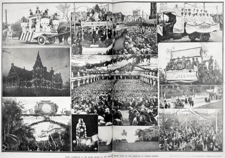 Peace celebrated in the South Island of New Zealand: (B?)right views of the carnivals in various centres, 1919