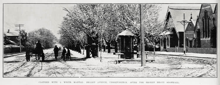 Clothed with a white mantle: Bealey Avenue, Christchurch, after the recent heavy snowfall, 1919