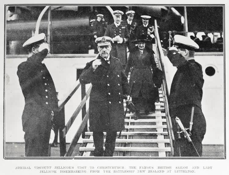 Admiral Viscount Jellicoe's visit to Christchurch: the famous British sailor and Lady Jellicoe disembarking from the battleship New Zealand at Lyttelton, 1919