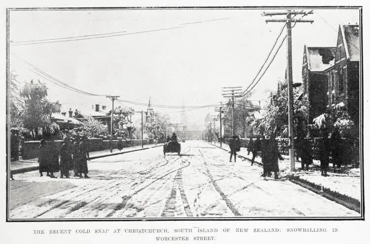 The recent cold snap at Christchurch, South Island of New Zealand: snowballing in Worcester Street, 1919