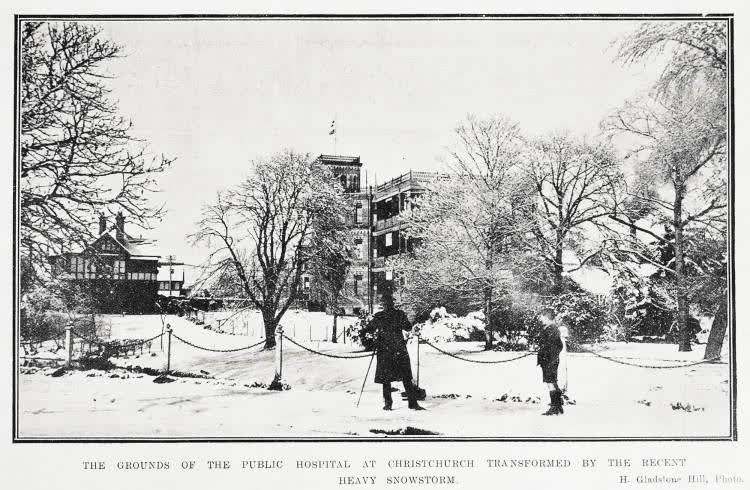 The grounds of the public hospital at Christchurch transformed by the recent heavy snowstorm, 1919