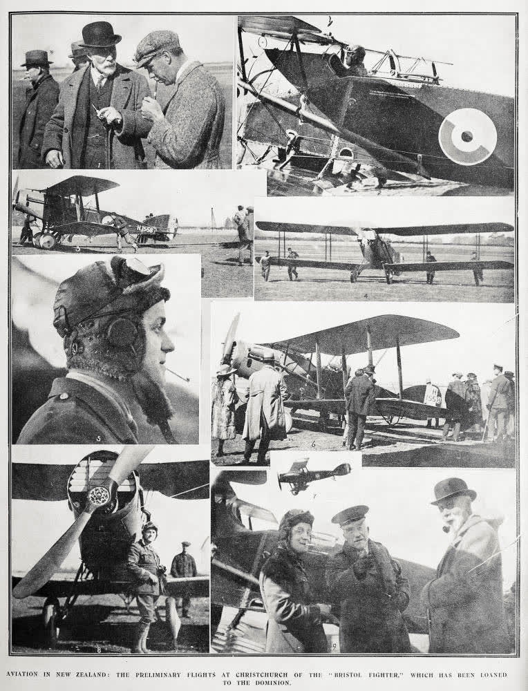Aviation in New Zealand: the preliminary flights at Christchurch of the Bristol Fighter, which has been loaned to the Dominion, 1919