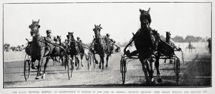 The Naval Trotting Meeting at Christchurch in honour of the visit of Admiral Viscount Jellicoe: John Dillon winning the Jellicoe Cup, 1919