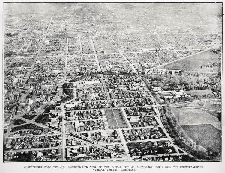 Christchurch from the air: comprehensive view of the capital city of Canterbury taken from the recently-arrived Bristol Fighter aeroplane, 1919