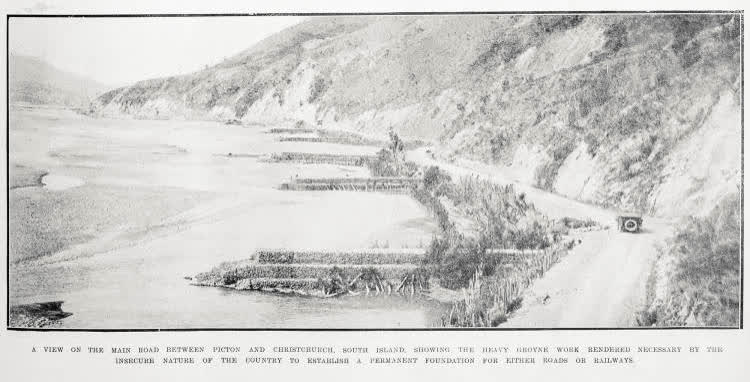 A view on the main road between Picton and Christchurch, South Island, showing the heavy groyne work, 1920