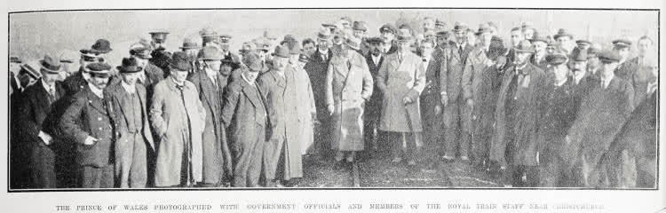 The Prince of Wales photographed with Government officials and members of the Royal Train staff near Christchurch, 1920