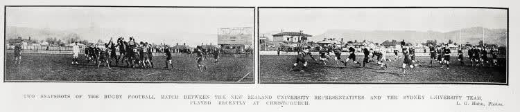 Two snapshots of the rugby football match between the New Zealand University representatives and the Sydney University team, played recently at Christchurch, 1920