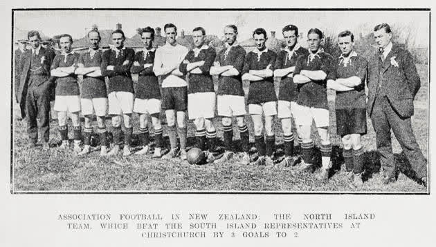 Association Football in New Zealand: the North Island team, which beat the South Island representatives at Christchurch by 3 goals to 2, 1920
