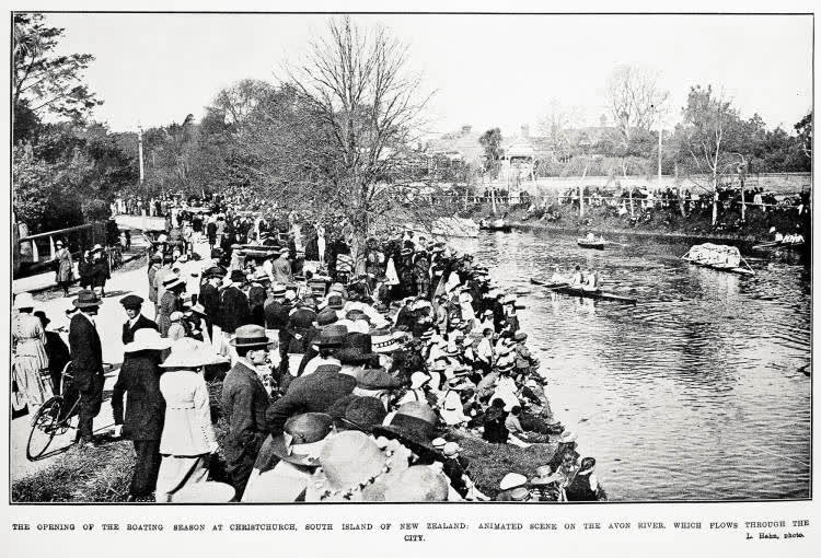 The opening of the boating season at Christchurch, South Island of New Zealand: animated scene on the Avon River, which flows through the city, 1920