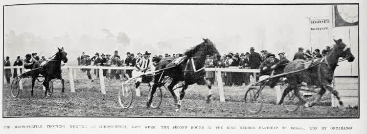 The Metropolitan Trotting Meeting at Christchurch last week: the second round in the King George handicap of 1000sovs., won by Oruarangi, 1921