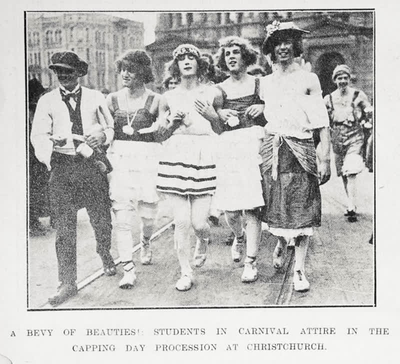 A bevy of beauties: students in carnival attire in the capping day procession at Christchurch, 1921