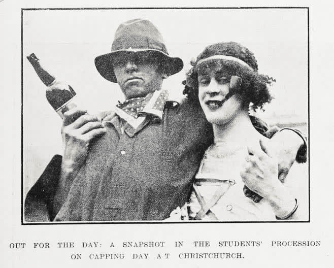 Out for the day: a snapshot in the students' procession on capping day at Christchurch, 1921