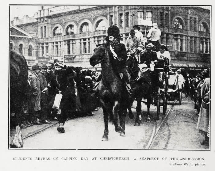 Students revels on capping day at Christchurch: a snapshot of the procession, 1921