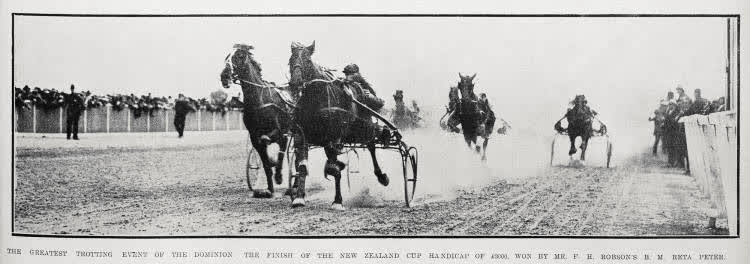 The greatest trotting event of the Dominion: the finish of the New Zealand Cup handicap of £8000, won by Mr. F. H. Robson's B. M. Reta Peter, 1921