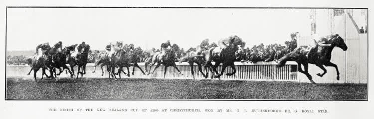 The finish of the New Zealand Cup of £2600 at Christchurch, won by Mr. G. L. Rutherford's Royal Star, 1921