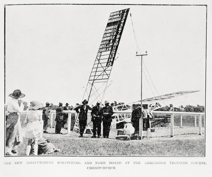 The new disappearing scratching and name board at the Addington Trotting Course, Christchurch, 1921