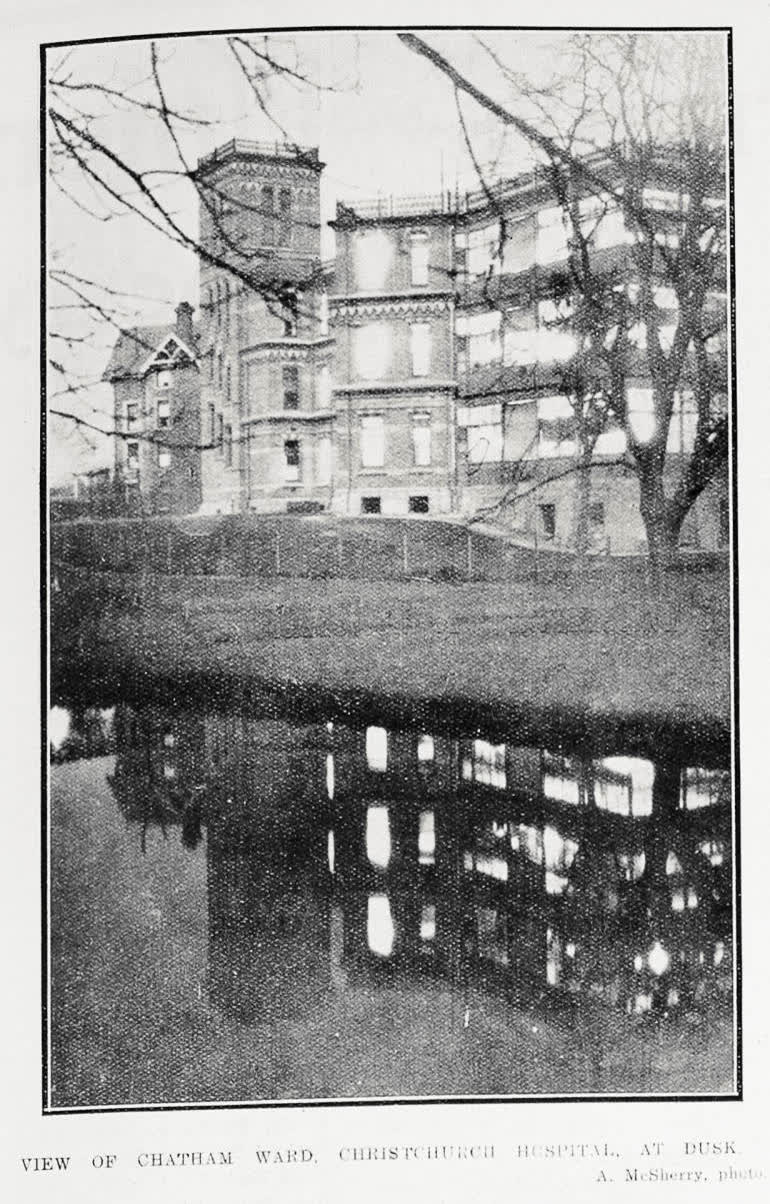 View of Chatham Ward, Christchurch Hospital, at dusk, 1922