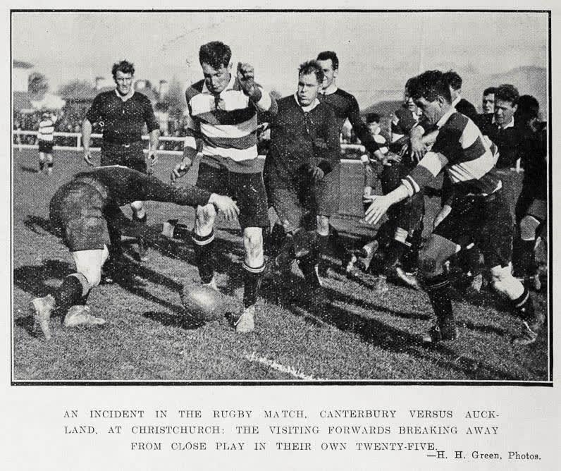 An incident in the rugby match, Canterbury versus Auckland, at Christchurch: the visiting forwards breaking away from close play in their own twenty-five, 1922