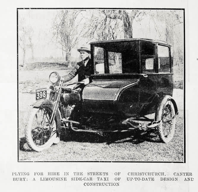 Plying for hire in the streets of Christchurch, Canterbury: a limousine side-car taxi, 1922