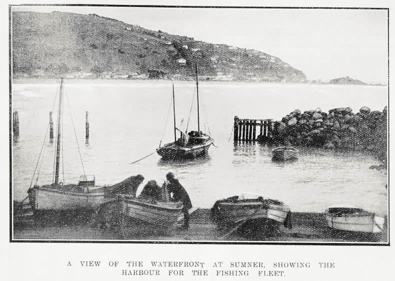 A view of the waterfront at Sumner, showing the harbour for the fishing fleet, 1922