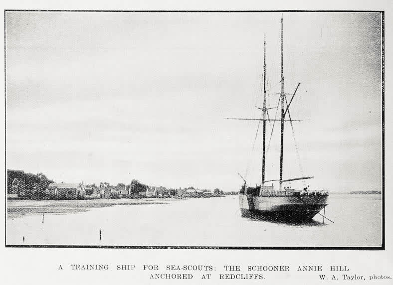A training ship for sea-scouts: the schooner Annie Hill anchored at Redcliffs, 1922