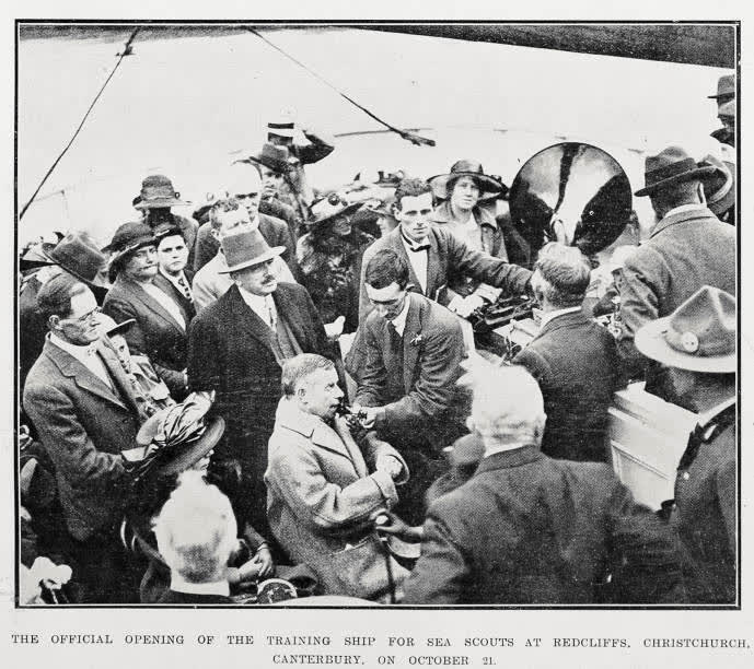 The official opening of the training ship for sea scouts at Redcliffs, Christchurch, Canterbury, on October 21, 1922