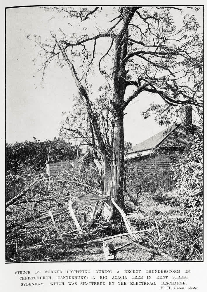 Struck by forked lightning during a recent thunderstorm in Christchurch, Canterbury, 1922
