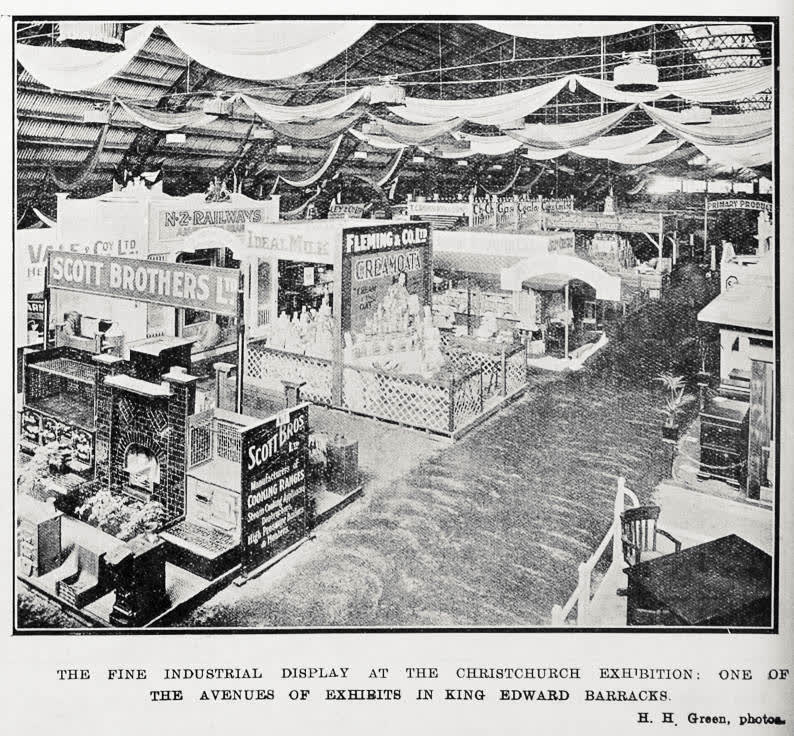 The fine industrial display at the Christchurch exhibition: one of the avenues of exhibits in King Edward Barracks, 1922