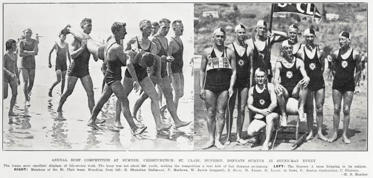 Annual surf competition at Sumner, Christchurch : St. Clair, Dunedin, defeats Sumner in seven-man event, 1935