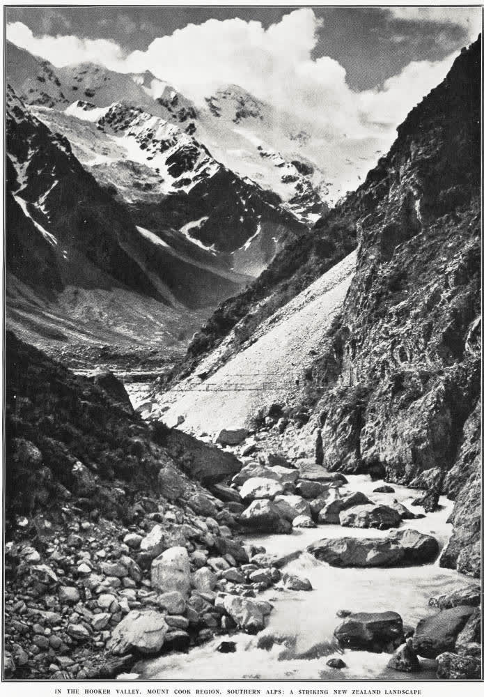 In the Hooker Valley, Mount Cook region, Southern Alps: a striking New Zealand landscape, 1935