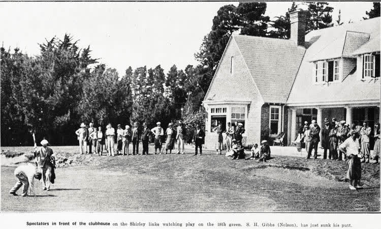 Spectators in front of the clubhouse on the Shirley Links watching play on the 18th green. S. H. Gibbs (Nelson), has sunk his putt, 1935
