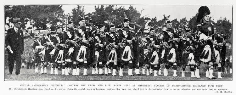 Annual Canterbury provincial contest for brass and pipe bands held at Amberley: success of Christchurch Highland Pipe Band, 1935