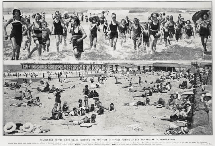 Holiday time in the South Island: greeting the New Year in typical fashion at New Brighton Beach, Christchurch, 1935
